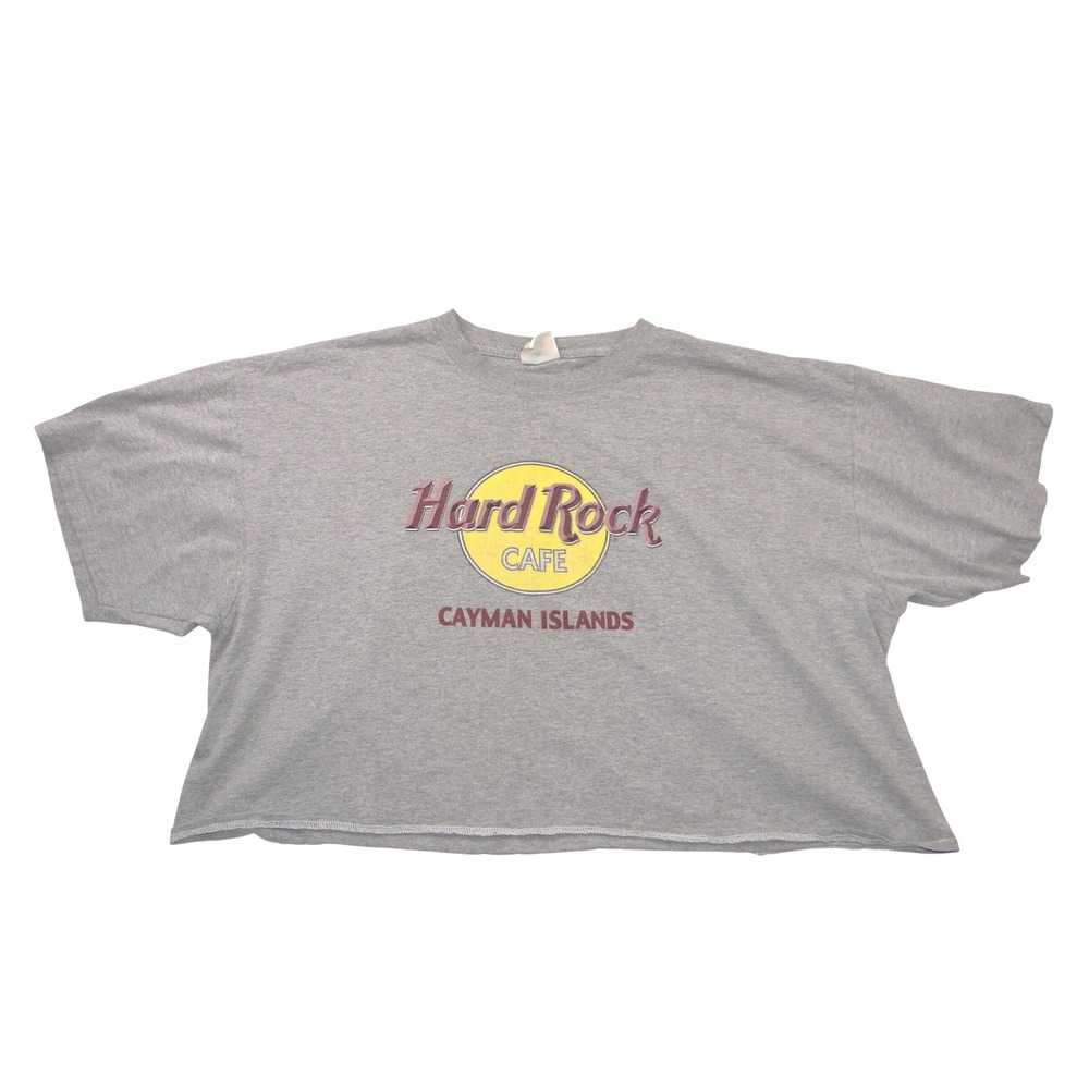Hard Rock Cafe Cayman Islands Graphic Cropped T-Shirt Gray Women XL Boxy Raw Hem